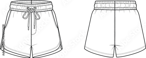 Technical fashion flat sketch of casual shorts, front and back view, elastic waistband with drawstring design, women summer apparel vector illustration