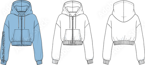 Technical fashion flat sketch of cropped hoodie jacket, front back and side views, zip up hooded sweatshirt design, modern women casual apparel vector illustration