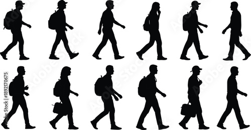 Walking people silhouette set showing men and women with backpacks and bags in side view isolated on white background illustration