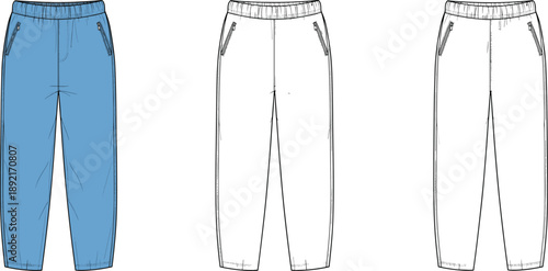 Technical fashion flat sketch of jogger pants, front and back views, elastic waistband casual trousers design, modern sportswear apparel vector illustration