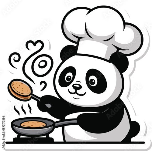 Chef panda cooking pancakes in frying pan sticker vector design on white background