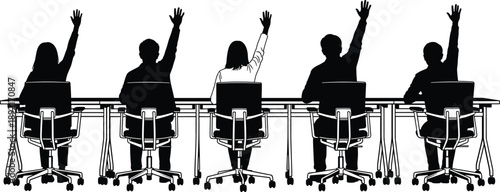 Business meeting silhouette illustration showing diverse team members raising hands during corporate training session or group discussion isolated on white background