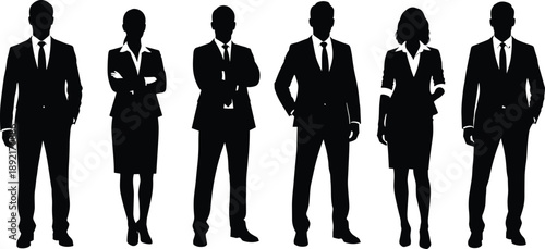 Business people silhouette collection featuring professional men and women in formal suits representing corporate teamwork leadership and office success isolated on white