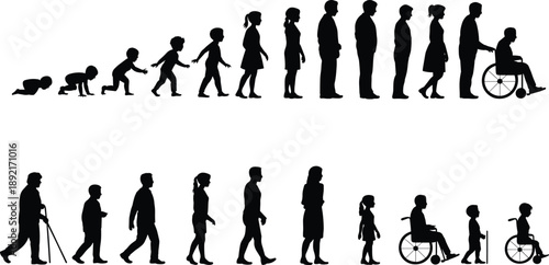 Human life stages silhouette illustration showing growth aging cycle from baby to senior wheelchair progression on white background