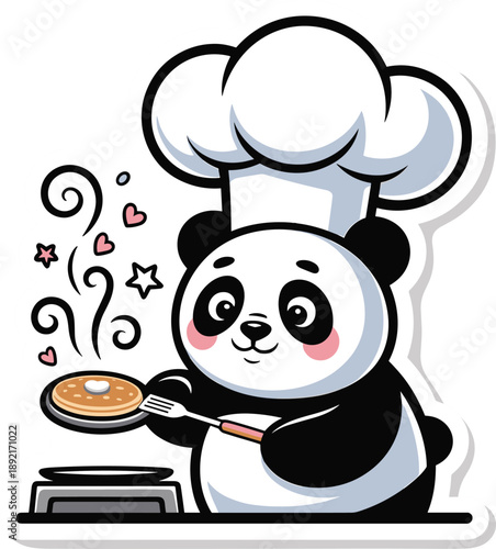 Cute panda chef wearing chef hat cooking pancakes on griddle happy