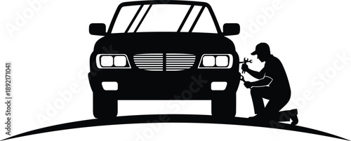 Professional Car Mechanic Silhouette Working with Wrench on Vehicle Front View Vector Illustration for Automotive Repair Service Maintenance Garage and Workshop Business Design Projects