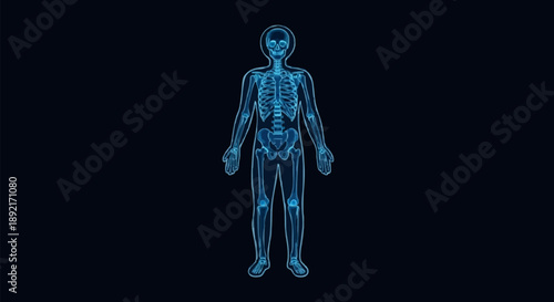 Human Anatomy Skeleton and Organs Blue X-ray Style.