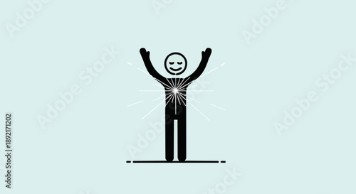 Happy person with radiating light from chest symbol.