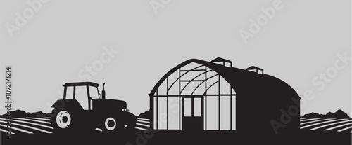 Modern Farming Silhouette with Tractor and Greenhouse