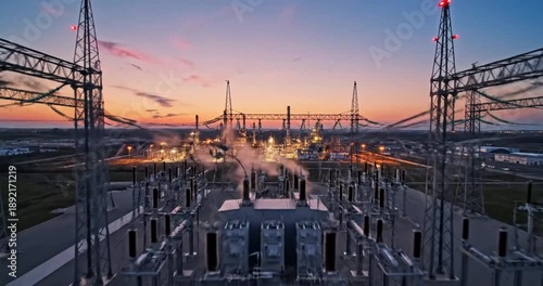 Wallpaper Mural Power station at sunset showcasing energy infrastructure with smoke and wires in background Torontodigital.ca