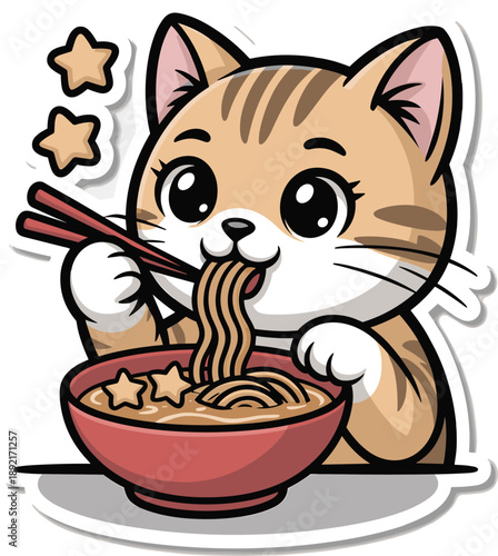 Kawaii cat eating ramen noodles with chopsticks and star shapes