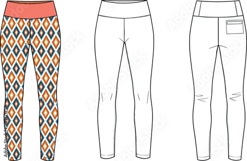 Technical fashion flat sketch of patterned leggings, front and back views, high waist activewear pants design, geometric print sports apparel vector illustration