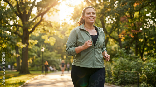 Wallpaper Mural Woman jogging along sunny park path. Smiling female runner enjoying outdoor exercise in green urban setting. Fitness wellness and healthy lifestyle concept Torontodigital.ca