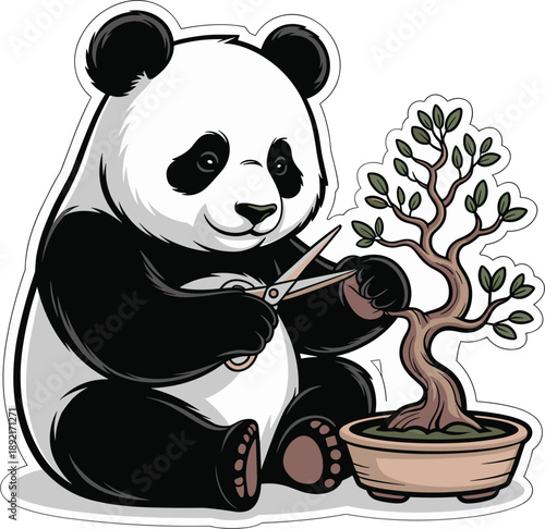 Panda bear carefully trimming bonsai tree with scissors in pot on transparent background
