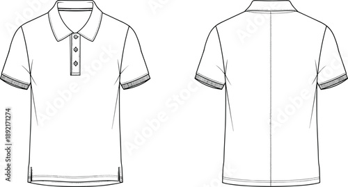 Technical fashion flat sketch of polo shirt, front and back view, short sleeve collared t shirt design, clean outline apparel vector illustration