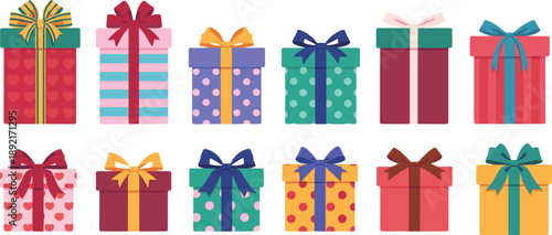 Twelve colorful gift boxes, festive ribbon bows, heart and stripe patterns, celebration theme, holiday packaging, birthday presents, decorative layout, isolated background