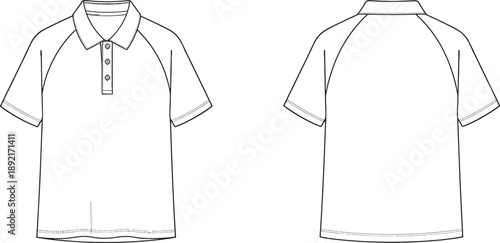 Technical fashion flat sketch of polo shirt with raglan sleeves, front and back view, short sleeve collared tee design, clean apparel vector illustration