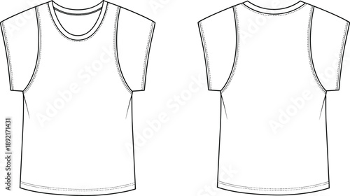 Technical fashion flat sketch of sleeveless t shirt, front and back view, muscle tank top design, clean outline apparel vector illustration