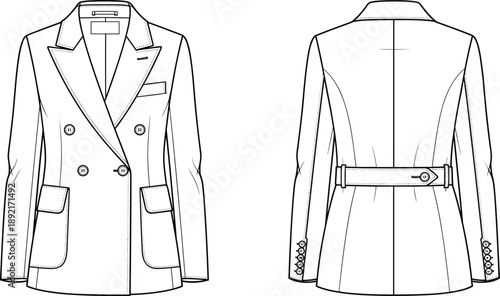 Technical fashion flat sketch of tailored blazer jacket, front and back view, double breasted design with belt, womens formal outerwear vector illustration