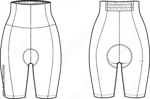 Technical fashion flat sketch of women cycling shorts, front and back view, high waist padded bike shorts, activewear apparel line illustration