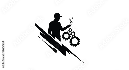 Silhouette of a mechanic holding a flame, surrounded by gears, symbolizing innovation and creation.