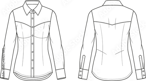 Technical fashion flat sketch of women fitted shirt, front and back view, long sleeve button up blouse design, clean outline apparel vector illustration