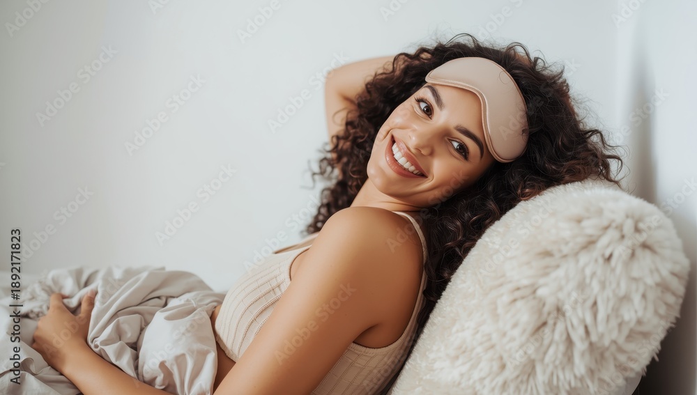 Naklejka premium Happy woman with dark curls wearing an eye mask, sitting on her bed at home, looking at the camera.png