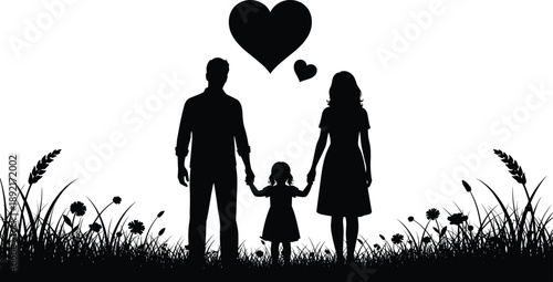 Silhouette of a Happy Family with Father Mother and Daughter Holding Hands in a Meadow with Flowers and Hearts for Love and Parenthood Design