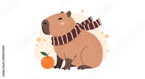 Adorable illustration of a capybara wearing a brown striped scarf sitting next to a single orange on a soft background.