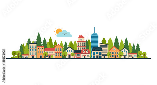 Wide horizontal landscape featuring a colorful town with diverse houses, a tall skyscraper, and a lush forest background.