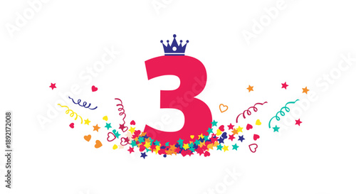 Celebratory illustration for a third birthday or anniversary featuring a large pink number three, a crown, and colorful confetti.