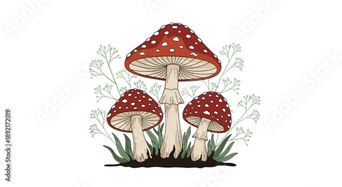 Beautiful botanical illustration of three red spotted fly agaric mushrooms growing amidst green grass and delicate white flowers.