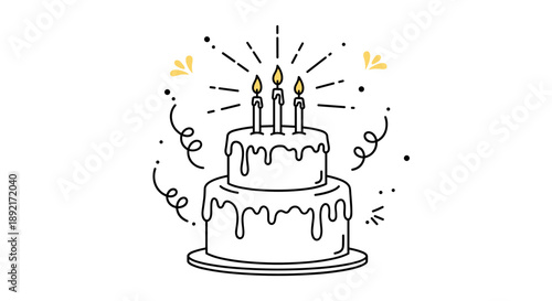 Simple and festive line art illustration of a two-tiered birthday cake with three lit candles and celebration sparkles.