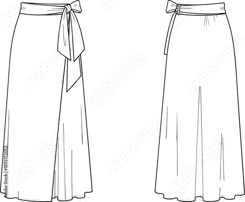 Technical fashion flat sketch of wrap skirt, front and back view, long flowing women skirt with tie waist design, clean outline vector illustration