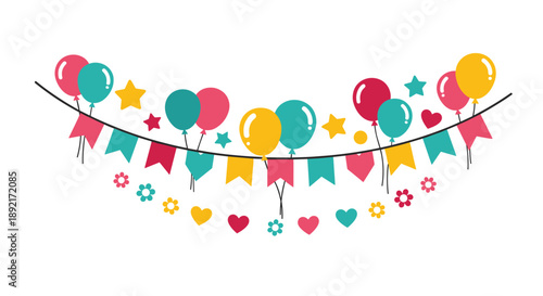 Colorful party bunting banner with balloons, flags, stars, hearts, and flowers hanging on a string for a festive celebration.