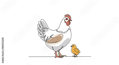 Simple and elegant one line drawing of a mother hen standing next to her small yellow chick on a white background.
