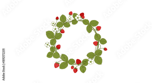 Elegant botanical wreath made of fresh strawberry plants featuring ripe red berries, white blossoms, and lush green leaves.