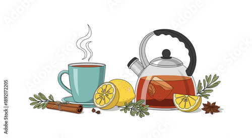 Cozy tea scene featuring a glass teapot and a turquoise cup filled with hot tea, lemons, cinnamon sticks, and star anise.