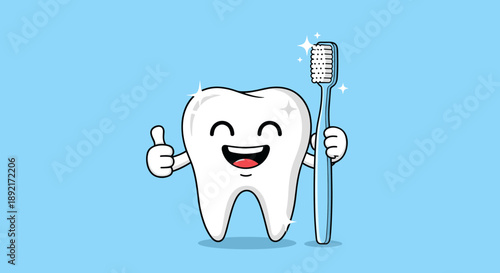 Cheerful cartoon tooth character giving a thumbs up and holding a blue toothbrush on a bright blue background.