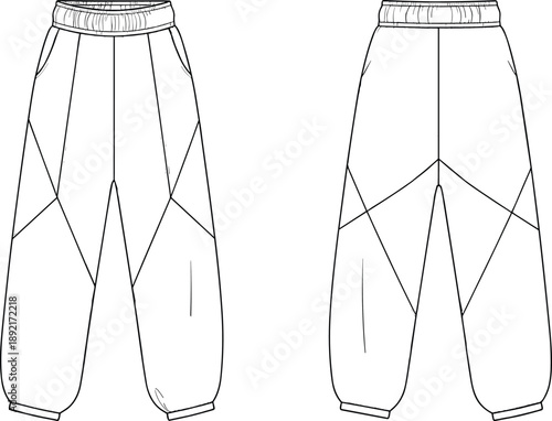Technical jogger pants fashion illustration, front and back views, elastic waist sweatpants flat sketch, casual sportswear apparel design template isolated