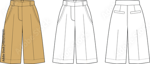 Wide leg culotte pants technical fashion illustration with front and back views, modern womenswear trousers flat design template isolated on white background