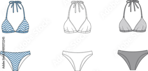 Women bikini set technical illustration with triangle bra and low rise bottoms, fashion flat sketch, swimwear design in multiple color variations