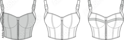 Women bustier corset top fashion illustration with multiple front views, lingerie crop top flat technical sketch for apparel design and production
