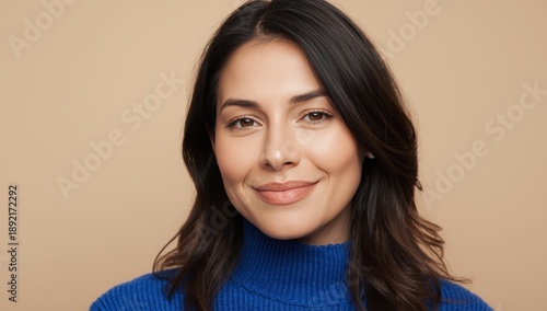 A cheerful dark-haired woman in a blue sweater smiles while pointing at her lips, showcasing healthy skin and rosy cheeks against a beige backdrop.png