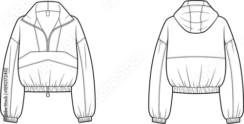 Women cropped hoodie technical illustration with zipper detail, elastic hem and cuffs, front and back views, modern casual outerwear flat sketch design