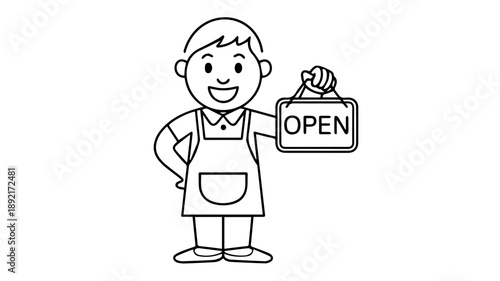Vector A friendly, smiling cartoon man wearing an apron, happily holding up a rectangular "OPEN" sign, indicating a business is ready for customers.