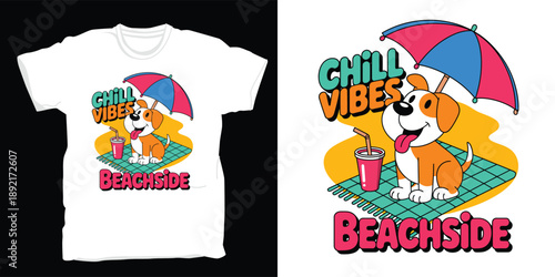 Fun dog on beach with chill vibes t-shirt design