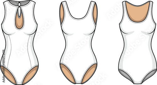 Women one piece swimsuit fashion illustration with multiple front views, sleeveless swimwear flat sketch for apparel design, pattern making and production