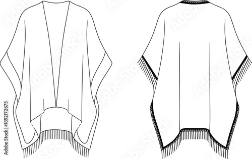 Women poncho cape fashion technical illustration with front and back views, fringed hem outerwear flat sketch for apparel design templates