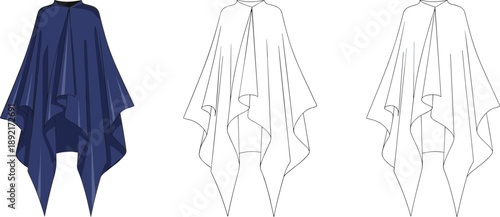 Women poncho cape technical fashion illustration with colored and outline versions, front view flat design apparel template for modern outerwear